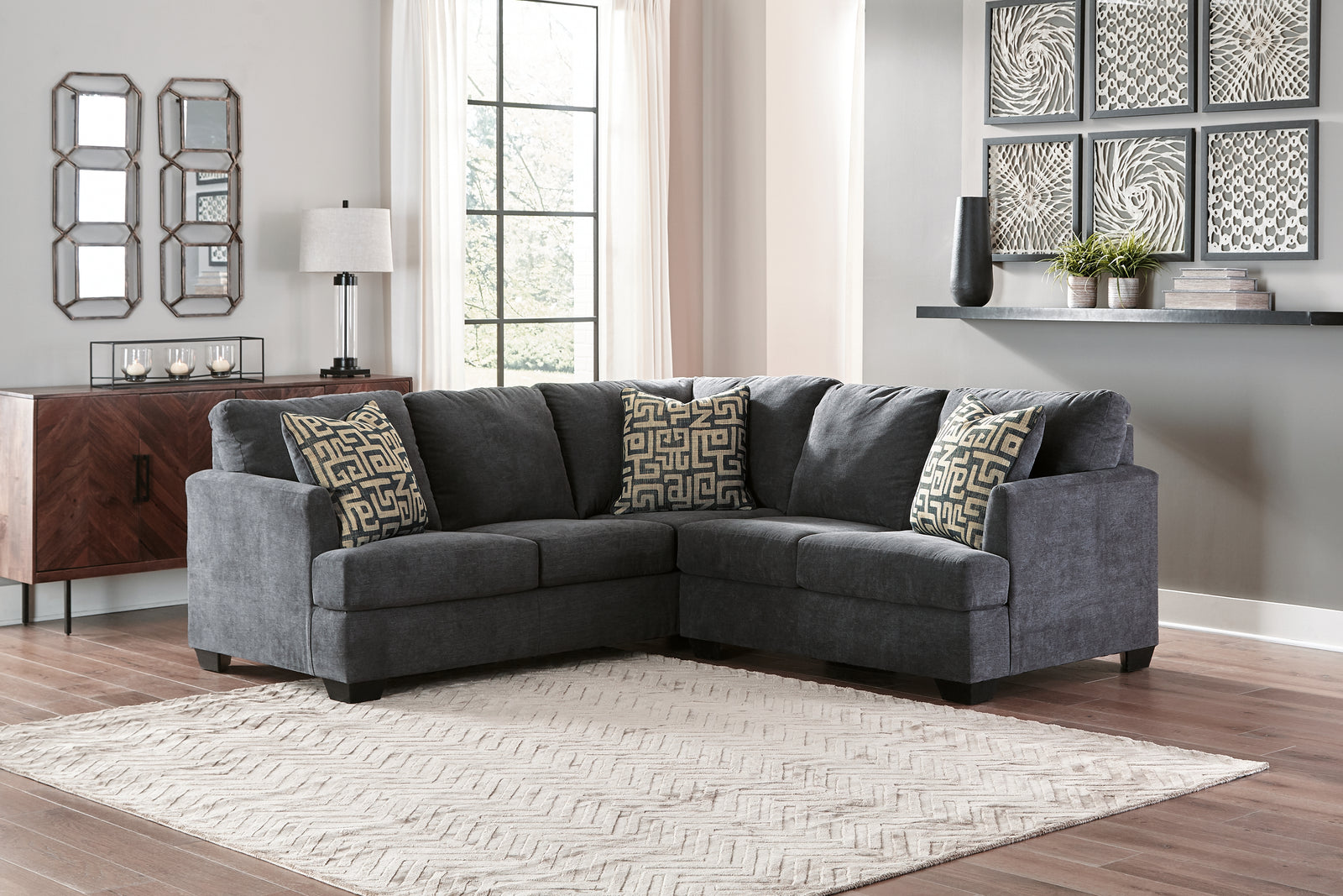 Ambrielle Gunmetal 2-Piece Sectional With Ottoman