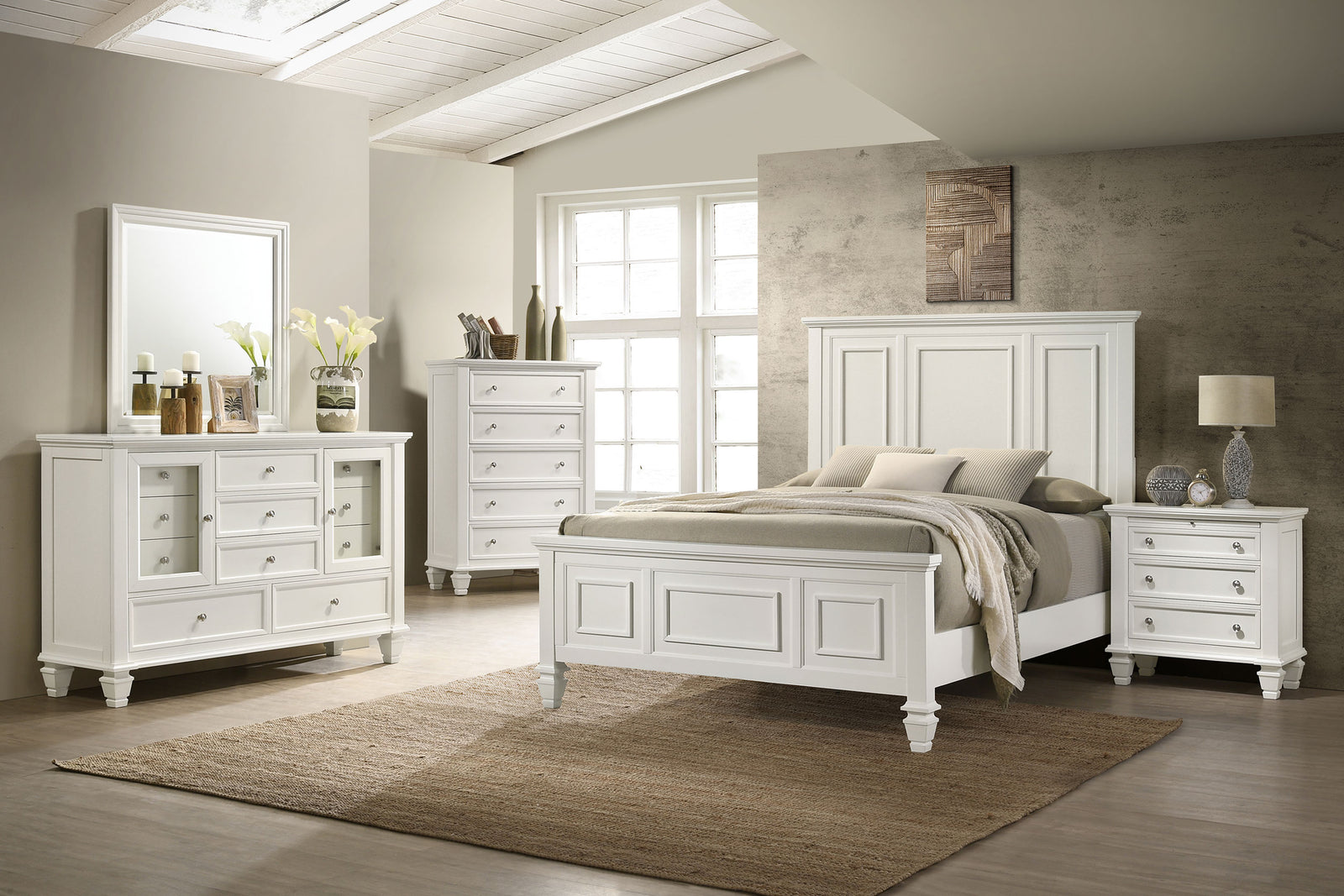 Sandy Beach White High Headboard Panel Bedroom Set