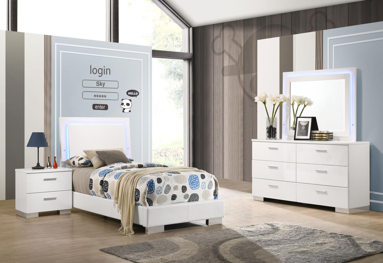 Felicity 4 piece Twin Bedroom Set With Led Headboard And Mirror Glossy White