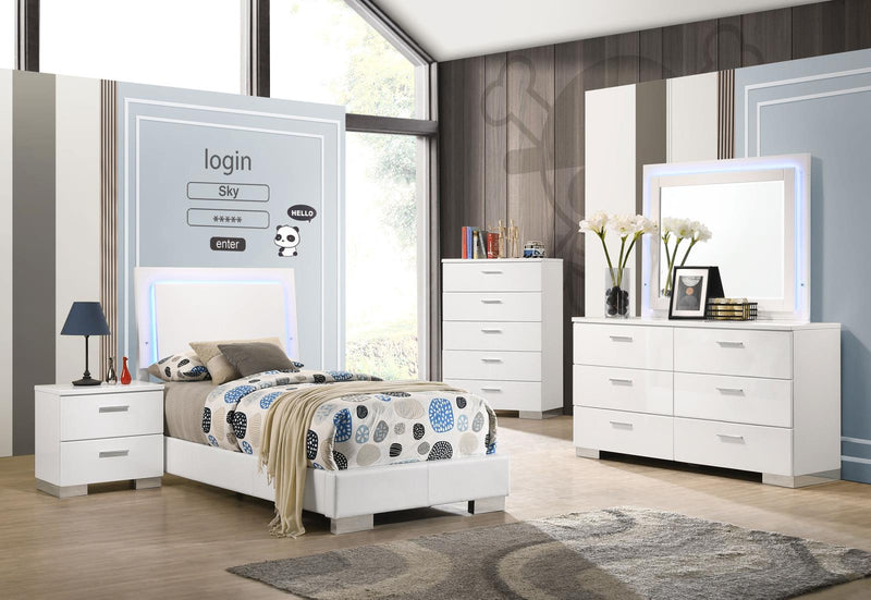 Felicity 5 piece Twin Bedroom Set With Led Headboard And Mirror Glossy White