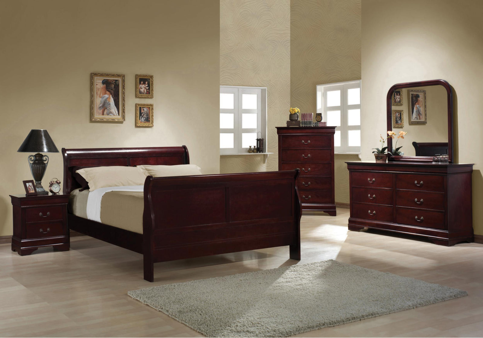 Louis Philippe Red Brown Sleigh Panel Bedroom Set