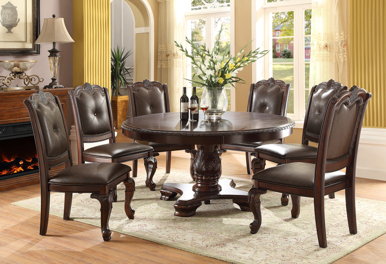 Kiera Brown Faux Leather Fabric Wood Formal Round Dining Room Set