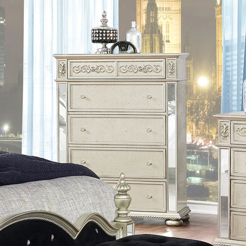 Heidi Metallic Platinum Upholstered Poster Bedroom Set