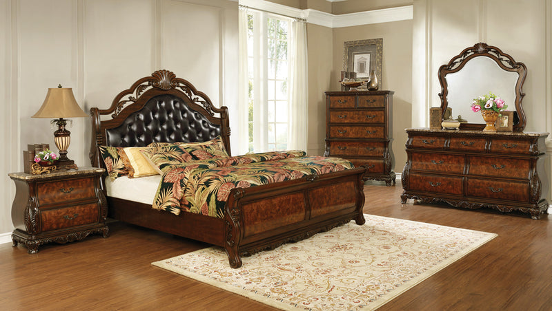 Exeter Dark Burl Tufted Upholstered Sleigh Bedroom Set