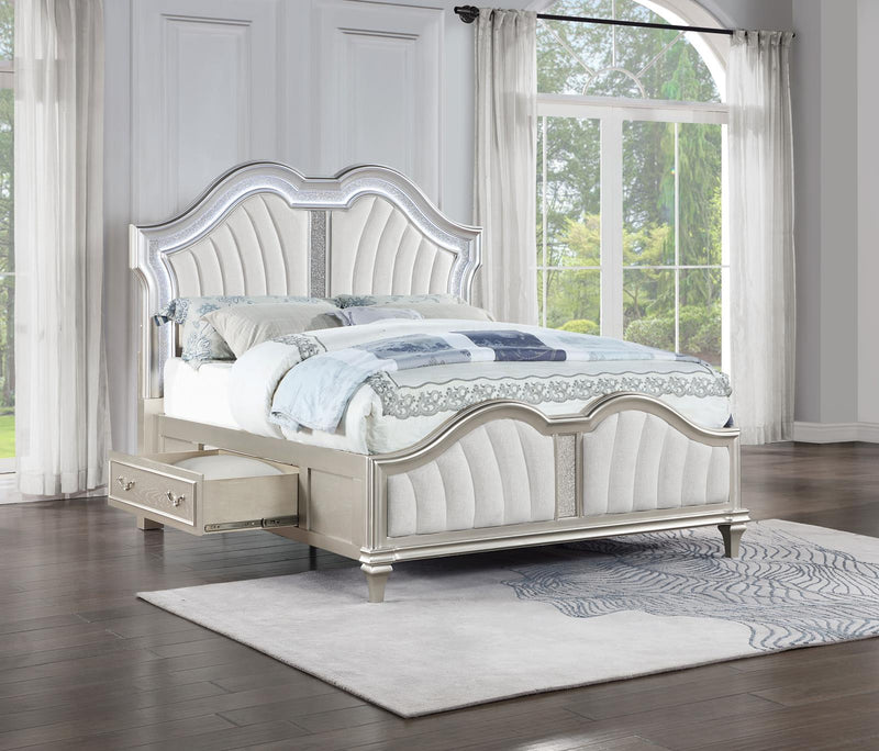 Evangeline Queen Storage Bed With Led Headboard Silver Oak And Ivory