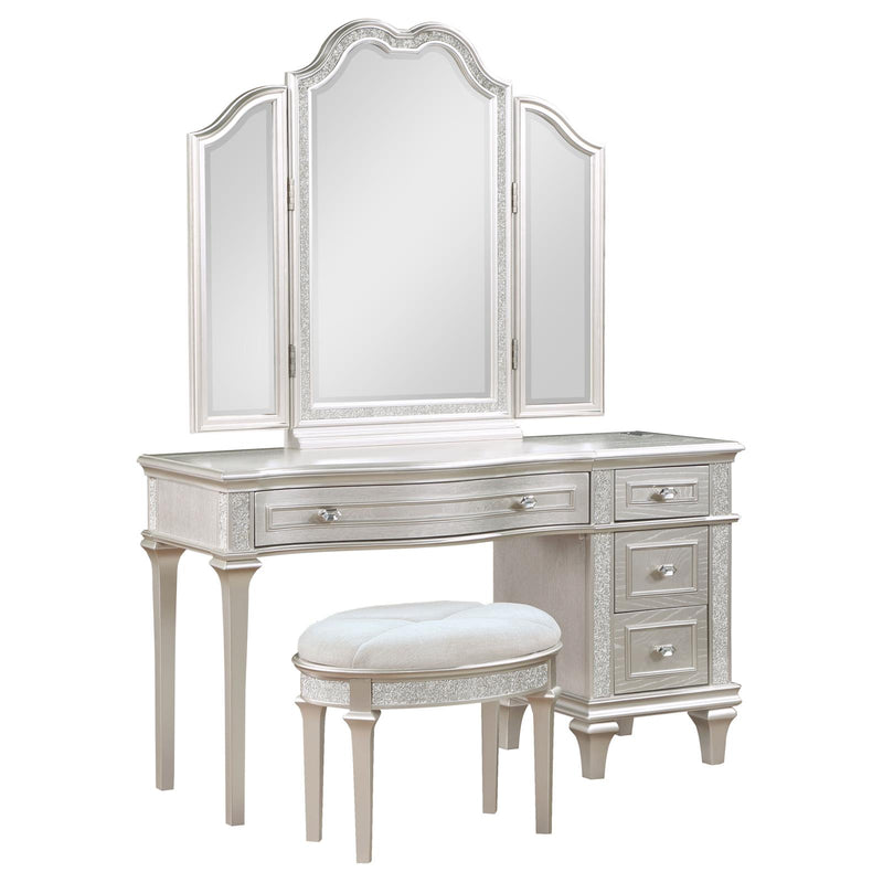 Evangeline 3 Piece Vanity Table Set With Tri fold Mirror And Stool Silver Oak