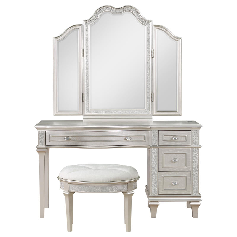 Evangeline 3 Piece Vanity Table Set With Tri fold Mirror And Stool Silver Oak