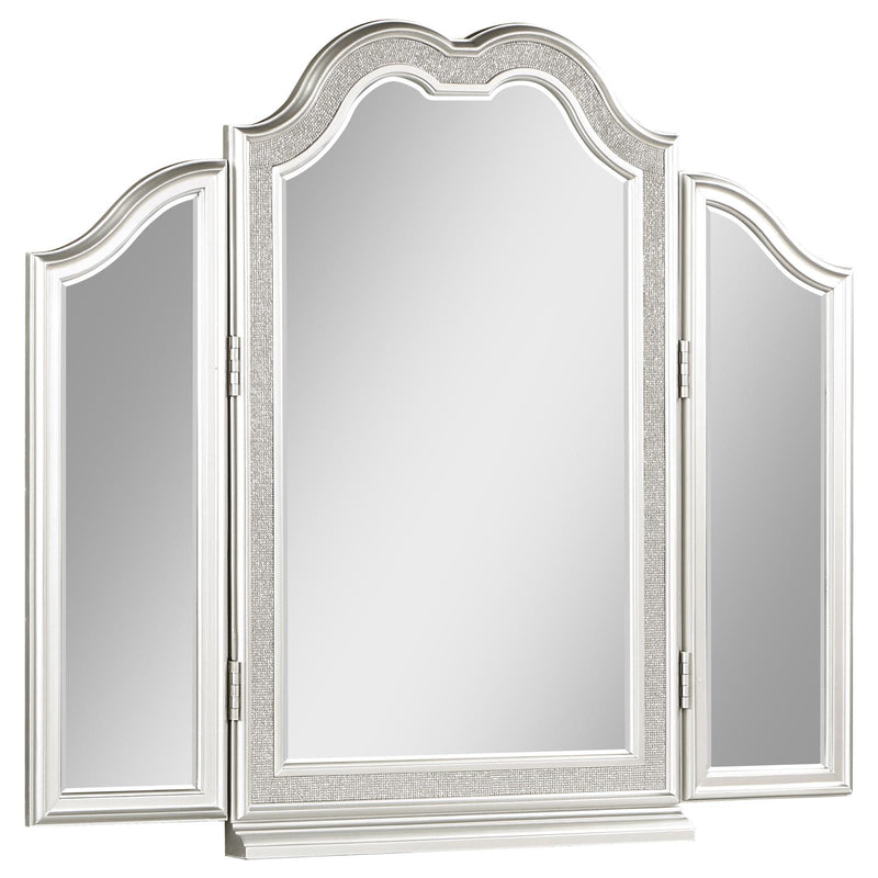 Evangeline 3 Piece Vanity Table Set With Tri fold Mirror And Stool Silver Oak