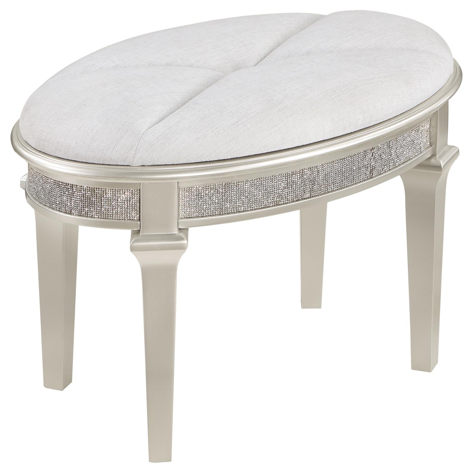 Evangeline Evangeline Oval Vanity Stool With Faux Diamond Trim Silver And Ivory 223399