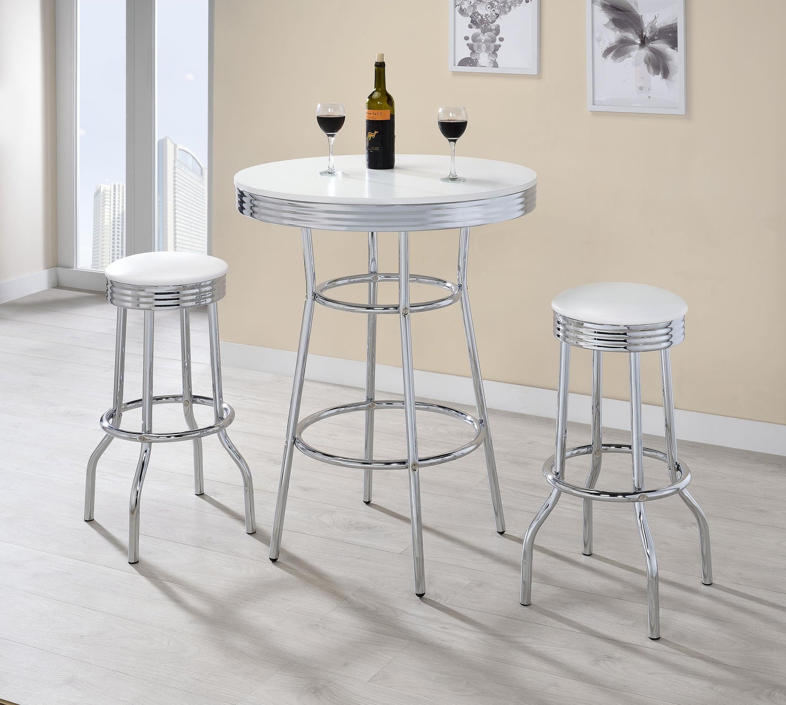 Retro Chrome 3 Piece Round 1950s Bistro Pub Bar Table Set White