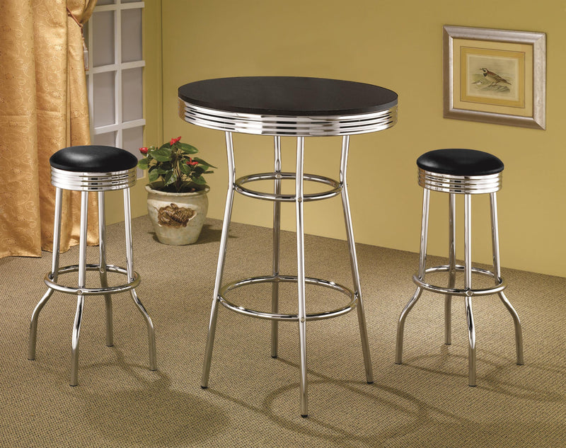 Retro Chrome 3 Piece Round 1950s Bistro Pub Bar Table Set Black