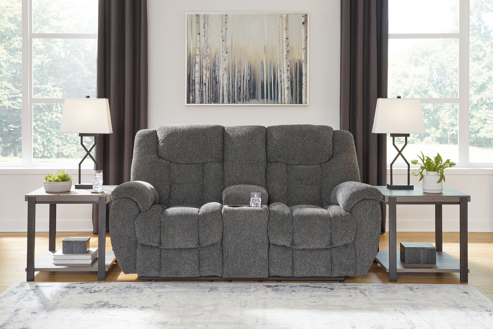 Foreside Charcoal Performance Fabric,Next-Gen Nuvella™ Reclining Loveseat with Console