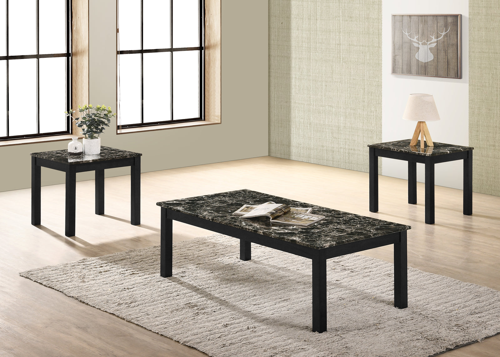 Thurner Black Modern Contemporary Solid Wood Faux Marble Top Cocktail Coffee Table