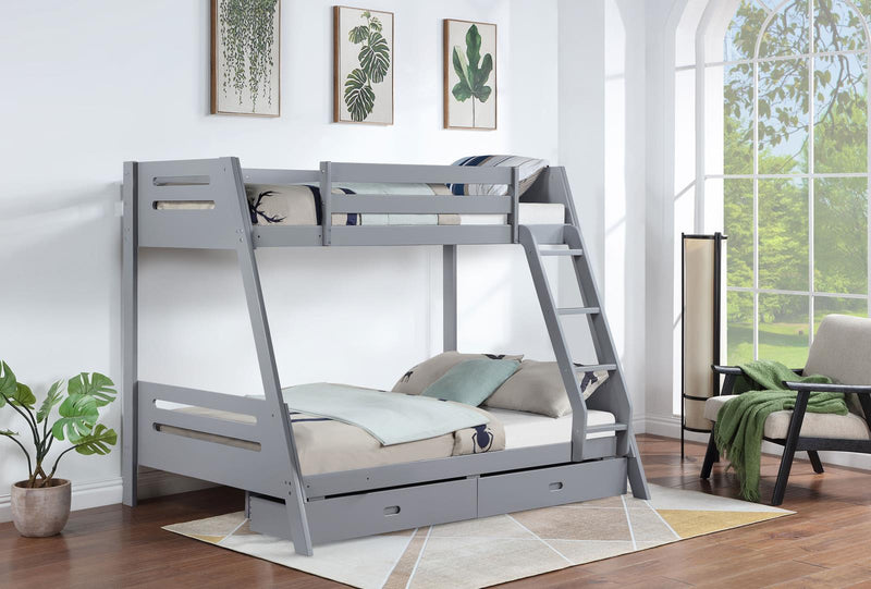 Trisha Wood Twin Over Full Bunk Bed With Storage Drawers Grey 460562Tf