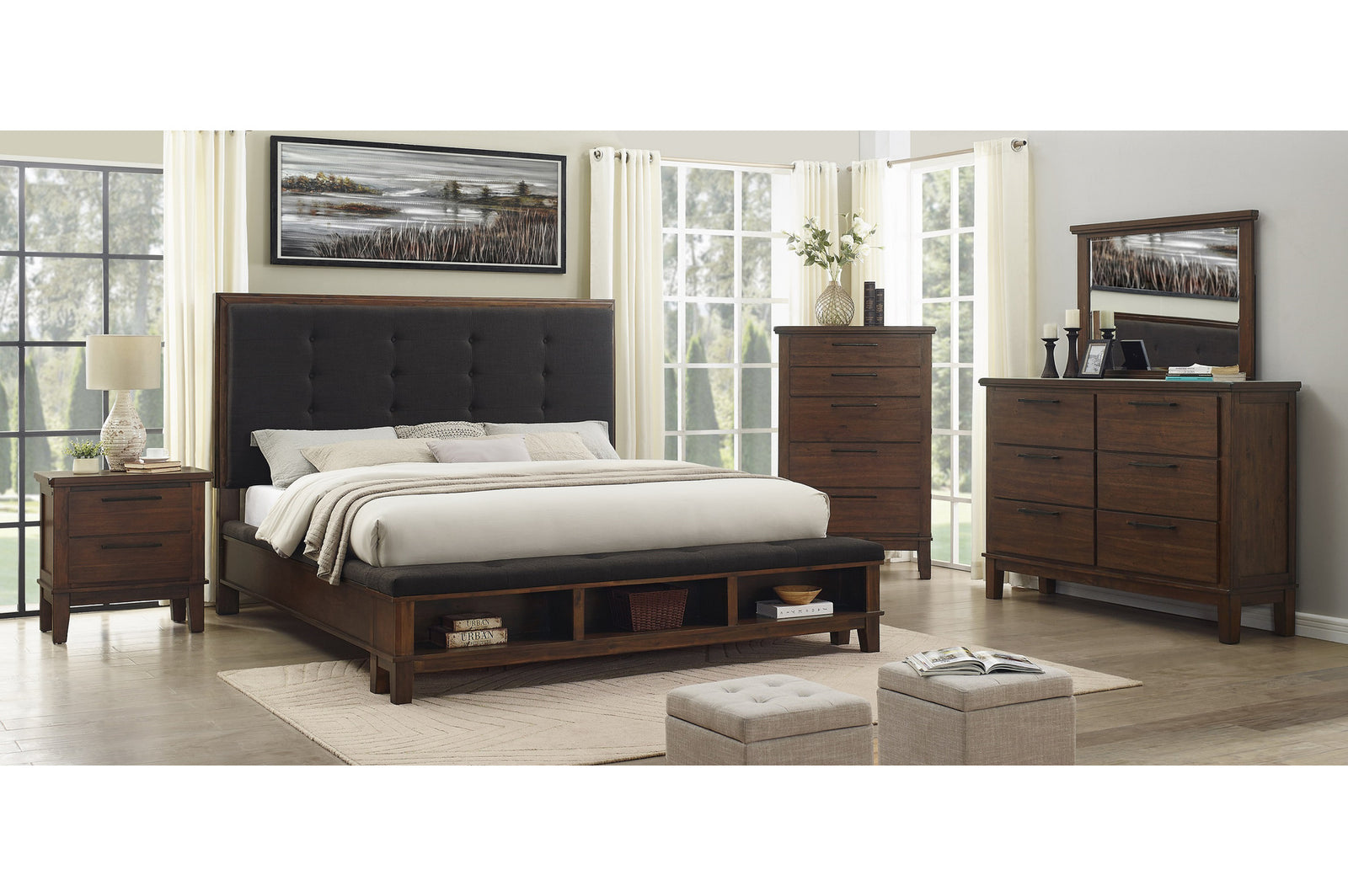 Brown Modern Traditional Solid Wood Veneers Fabric Upholstered Tufted Shelves Bedroom Set