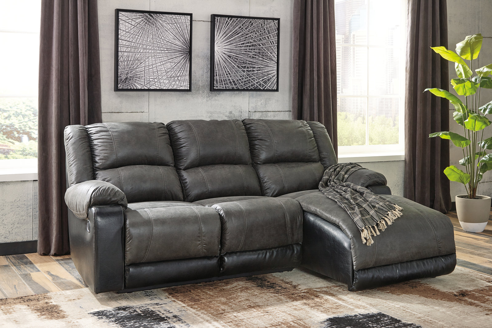 Nantahala Slate Faux Leather 3-Piece Reclining Sectional With Chaise