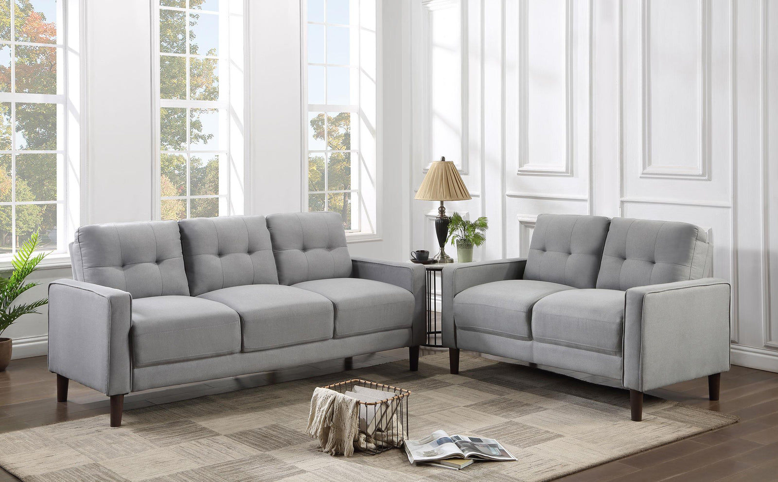 Bowen 2 piece Upholstered Track Arms Tufted Sofa Set Grey