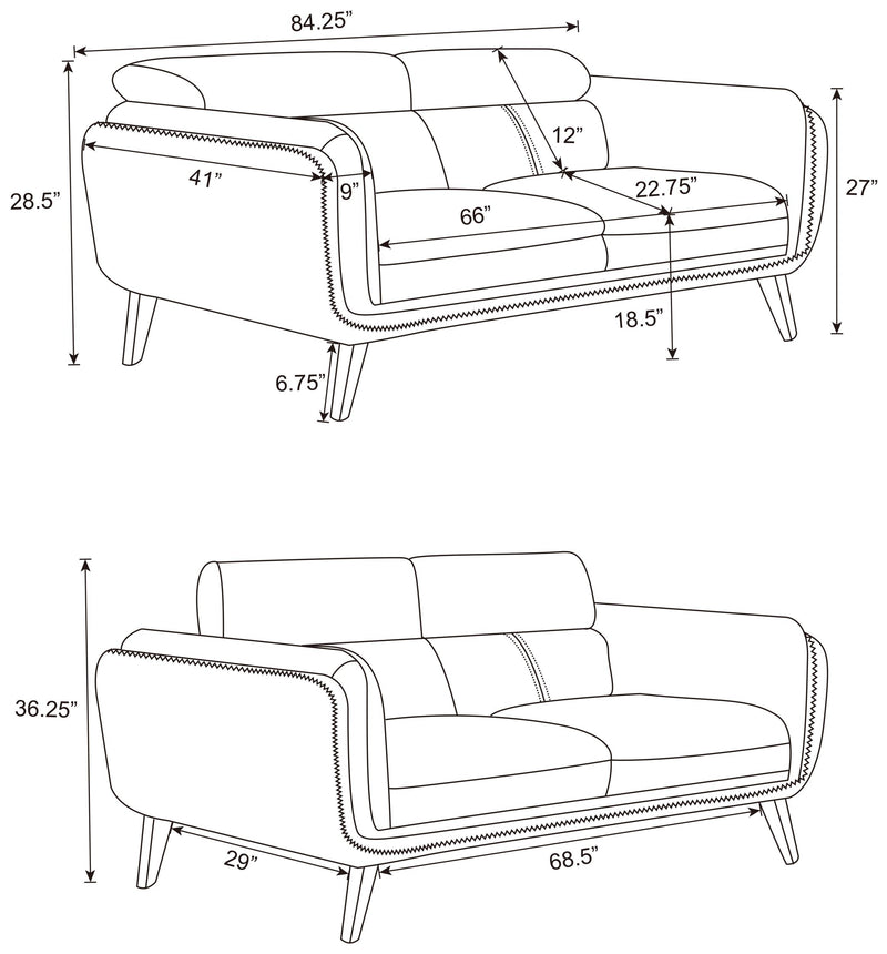 Shania 2 piece Upholstered Low Back Sofa Set Black