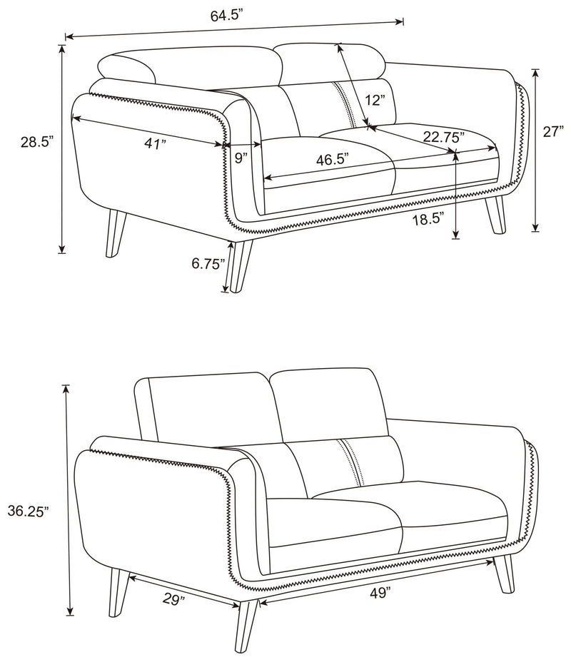 Shania 2 piece Upholstered Low Back Sofa Set Black