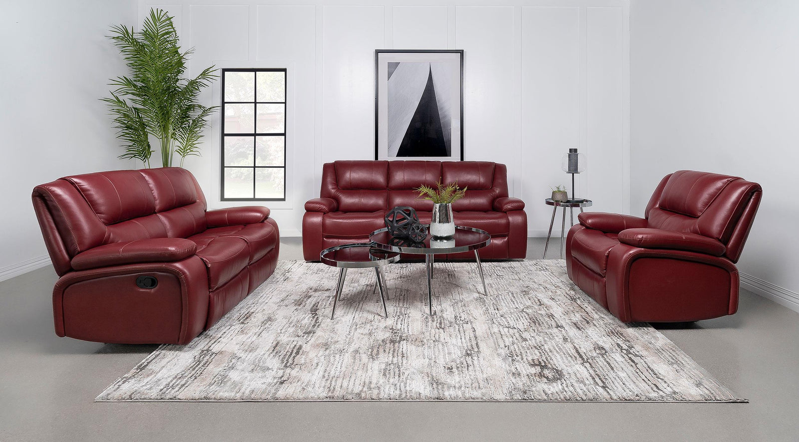 Camila 3 Piece Upholstered Reclining Sofa Set Red Faux Leather