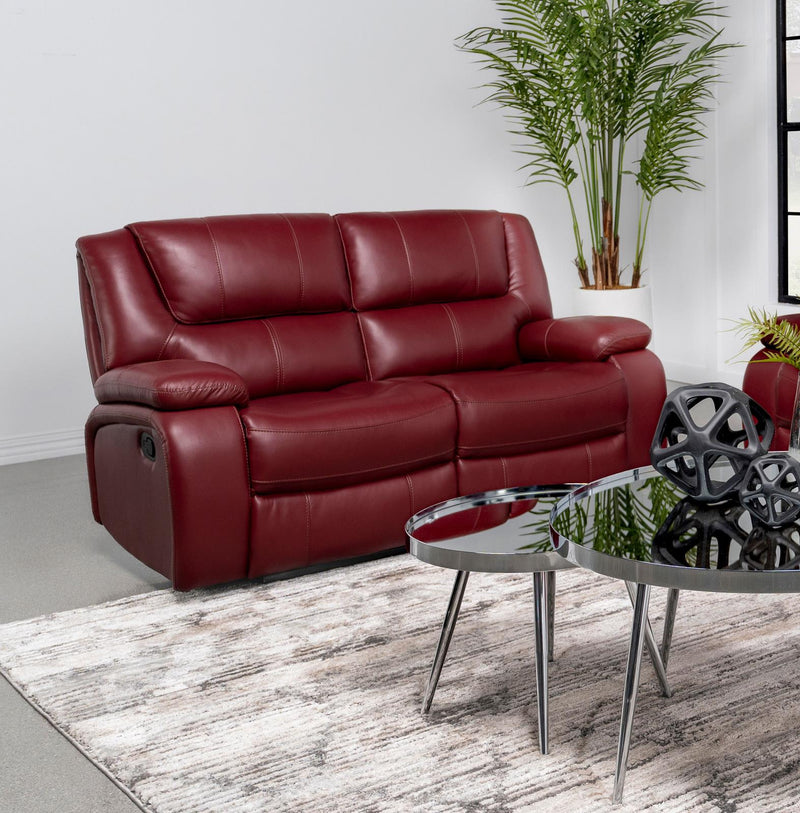 Camila Upholstered Motion Reclining Loveseat Red Faux Leather 610242