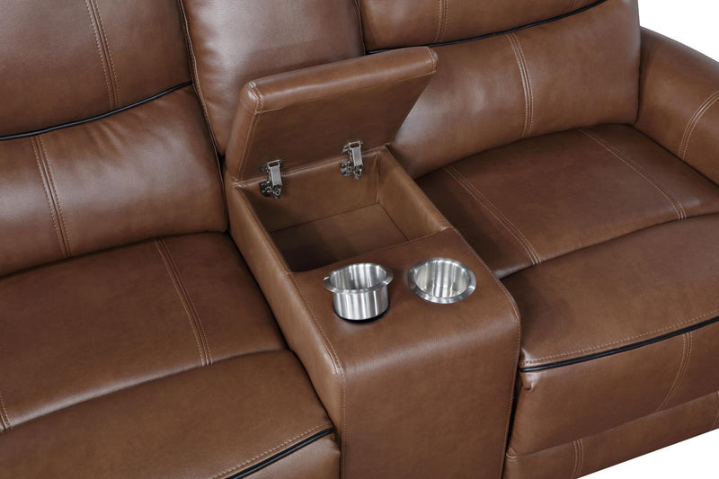 Greenfield Upholstered Power Reclining Loveseat With Console Saddle Brown 610265P