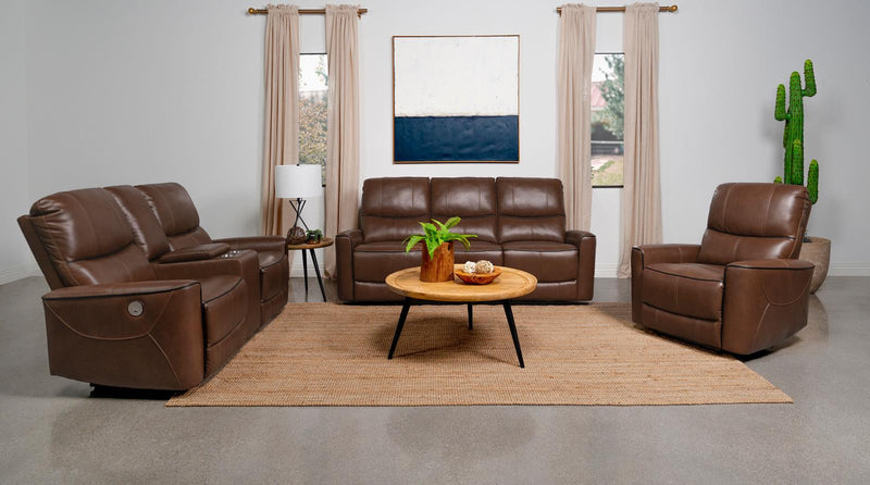 Greenfield Upholstered Power Reclining Loveseat With Console Saddle Brown 610265P