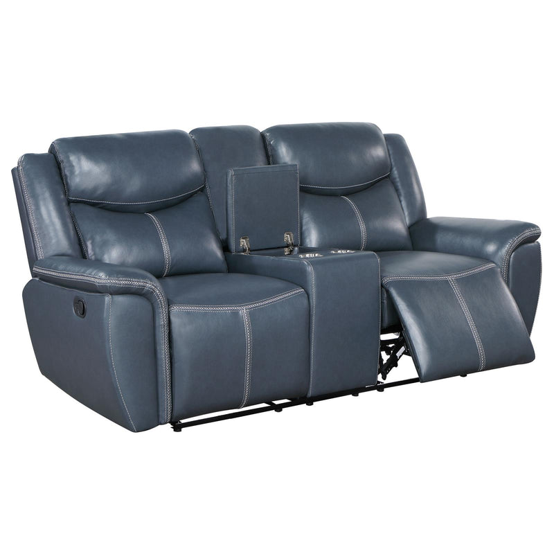 Sloane Upholstered Motion Reclining Loveseat With Console Blue 610272