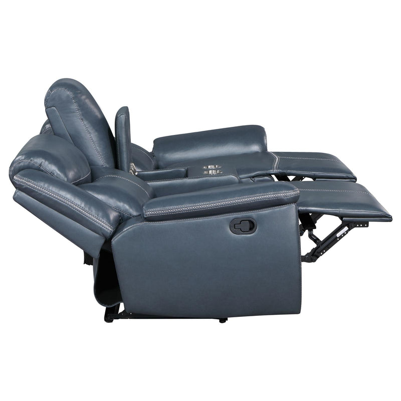 Sloane Upholstered Motion Reclining Loveseat With Console Blue 610272