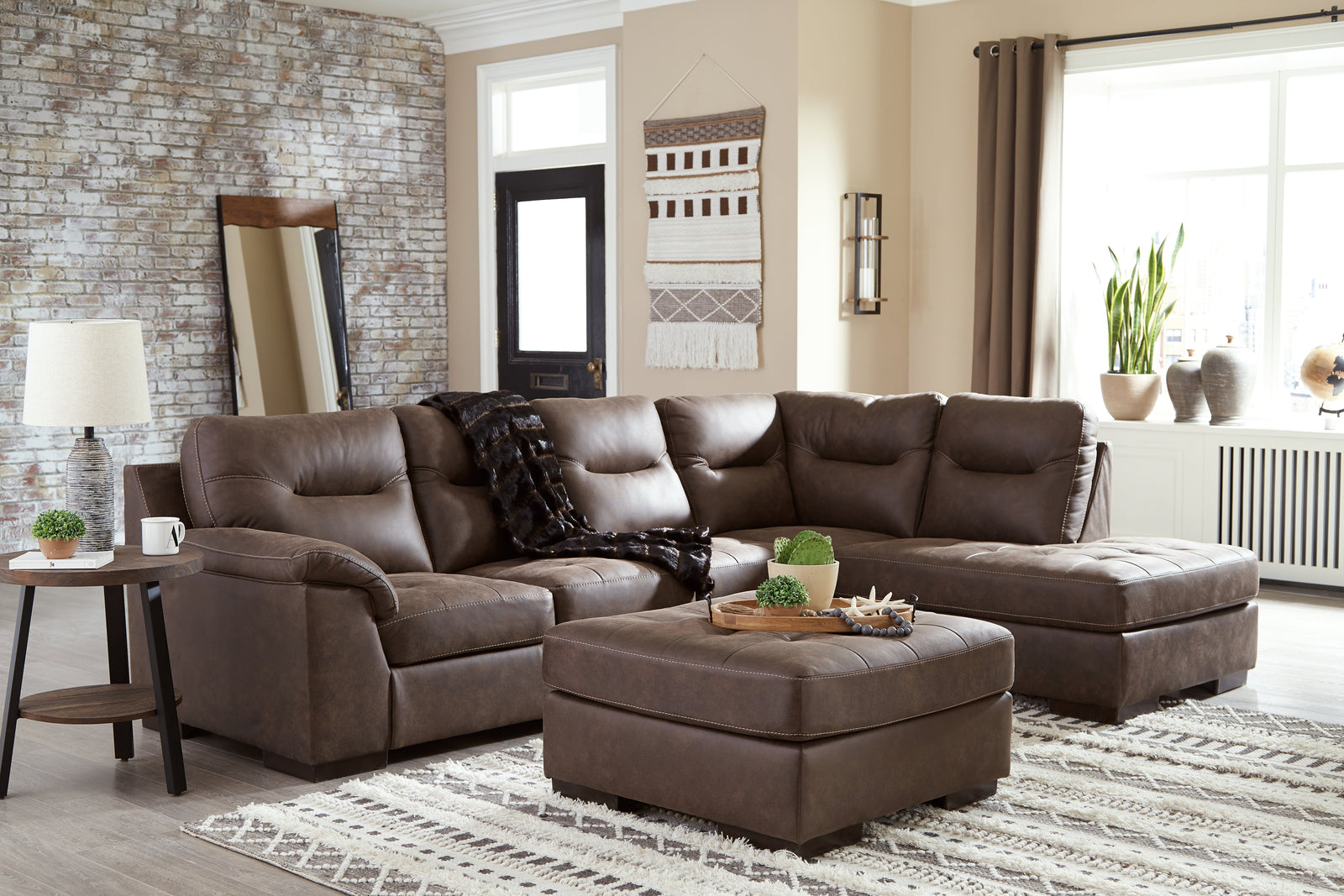 Maderla Walnut 2-Piece Sectional With Ottoman