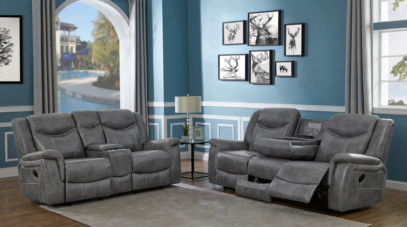 Conrad 2 piece Upholstered Padded Arm Motion Sofa Set Grey