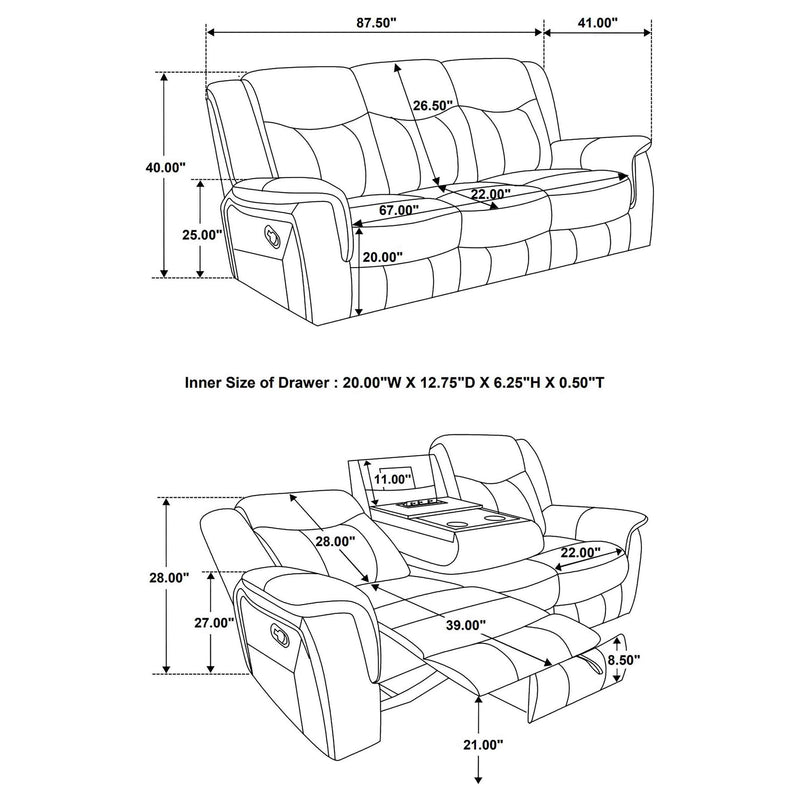 Conrad 2 piece Upholstered Padded Arm Motion Sofa Set Grey