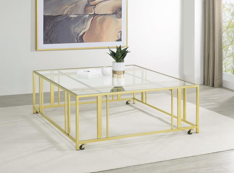 Adri Square Glass Top Coffee Table With Casters Matte Brass