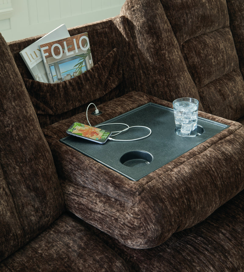 Soundwave Chocolate Velvet Reclining Sofa With Drop Down Table