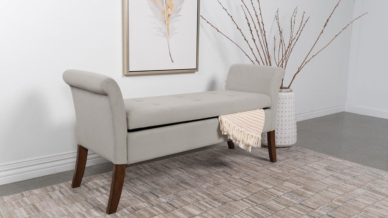 Farrah Upholstered Rolled Arms Storage Bench Beige And Brown 910238