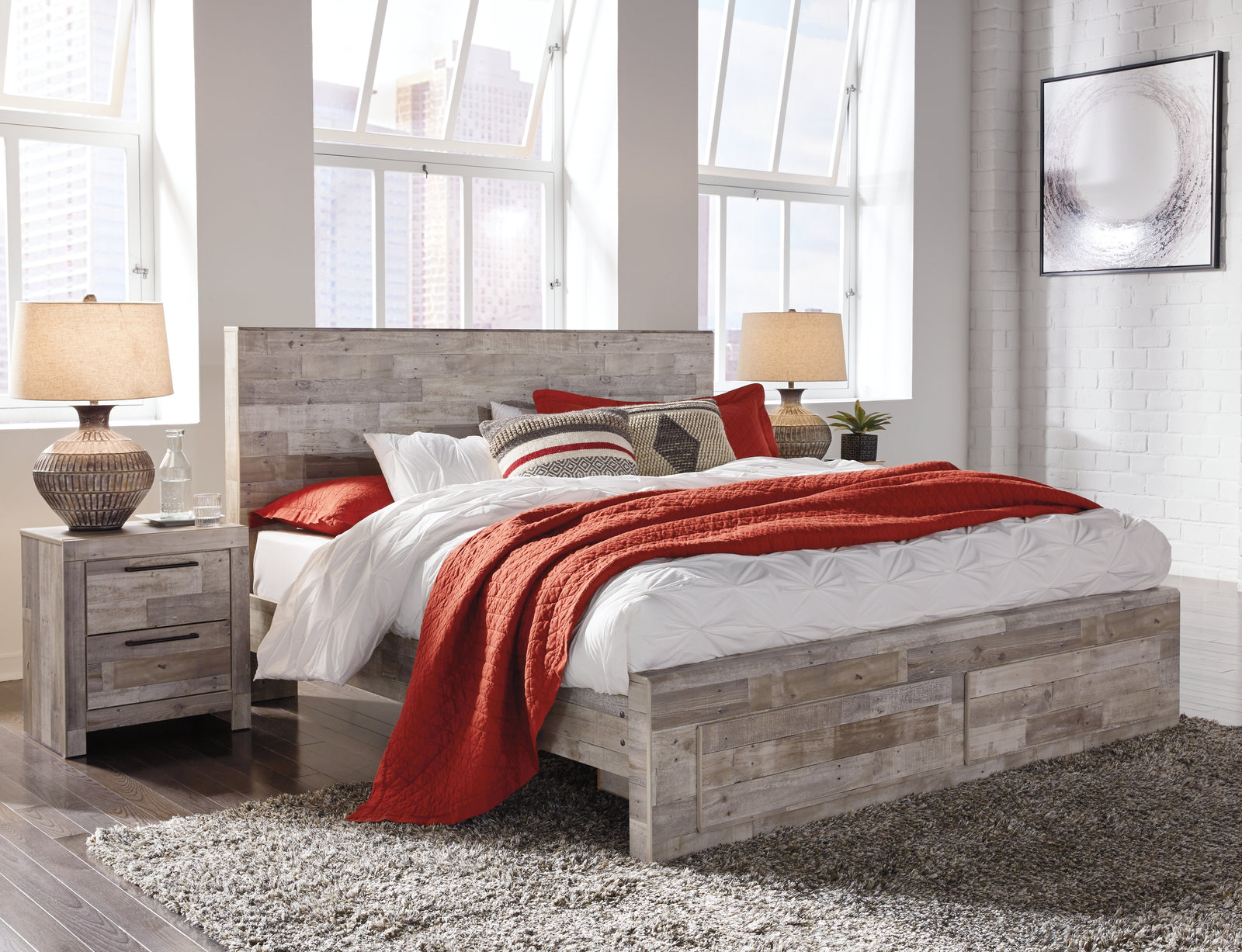 Effie Whitewash King Panel Bed With 2 Storage Drawers