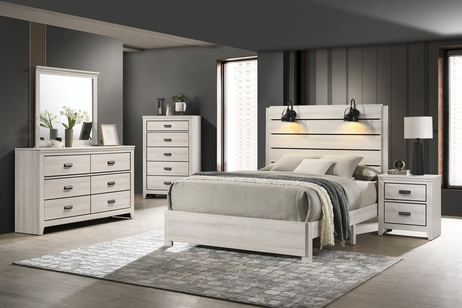 Carter White Modern Contemporary Solid Wood And Veneers LED Queen Bed