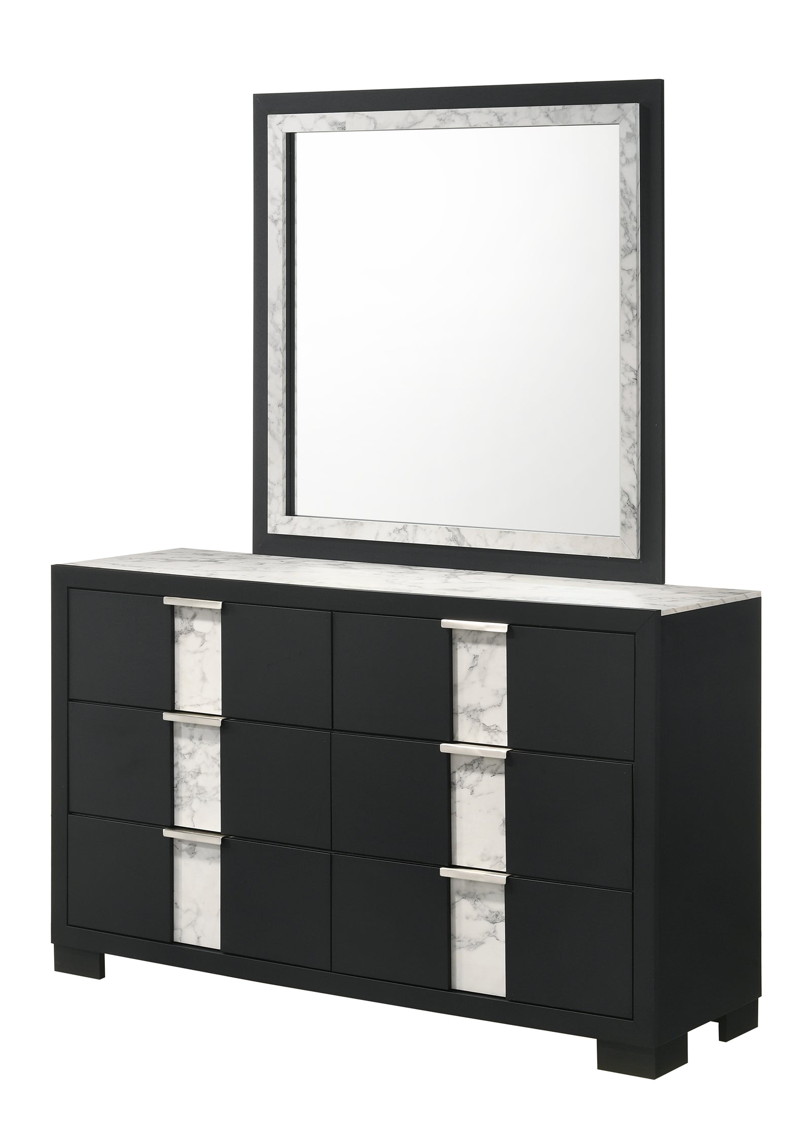 Rangley Black Modern Contemporary Solid Wood Marble 6-Drawers Dresser