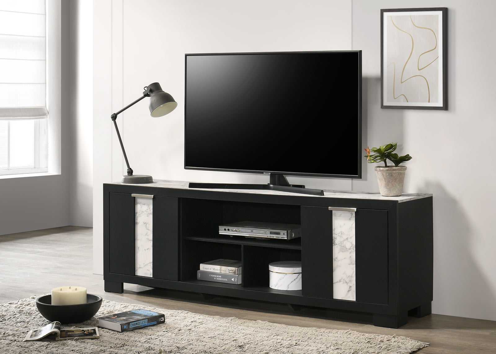 Rangley Black Modern Contemporary Solid Wood Marble Top Storage Tv Stand