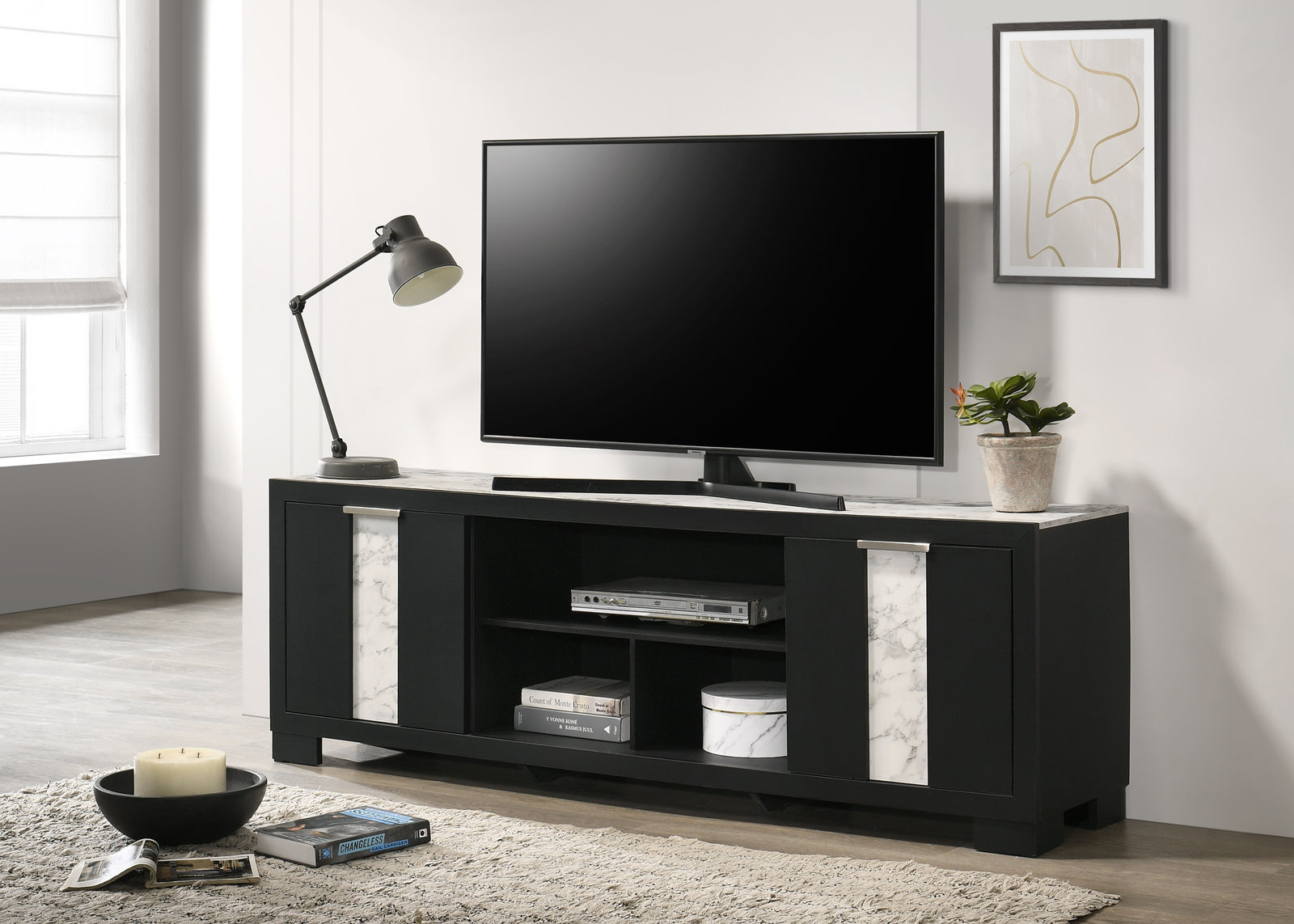 Rangley Black Marble Top Storage Tv Stand