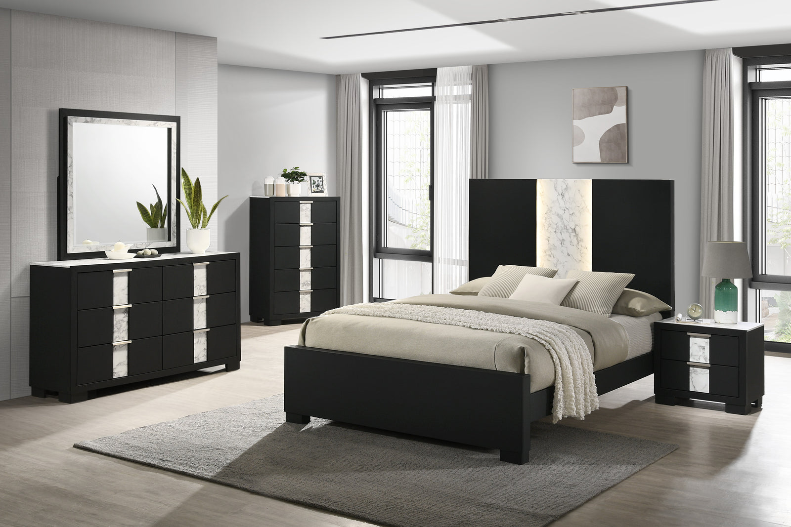 Rangley Black Modern Contemporary Solid Wood Marble LED Bedroom Set