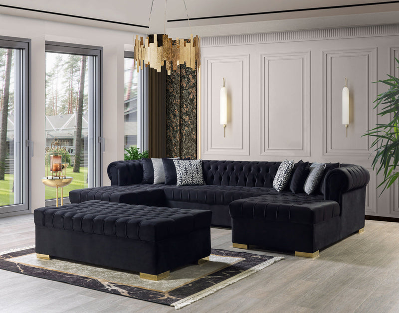 Emma Black Velvet Double Chaise 136" Sectional