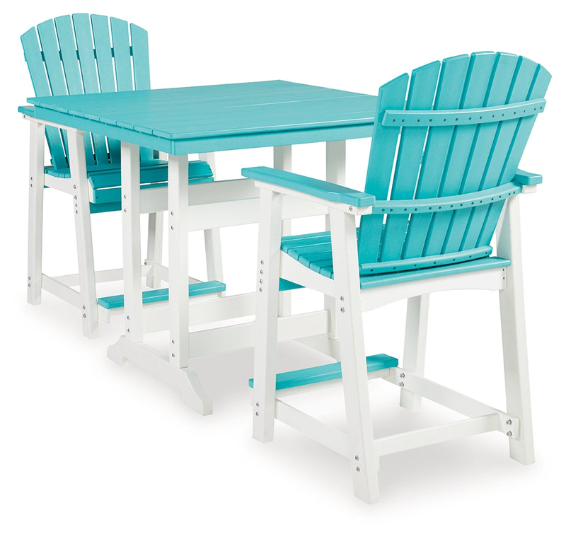 Eisely Turquoise White Outdoor Counter Height Dining Table And 2 Barstools