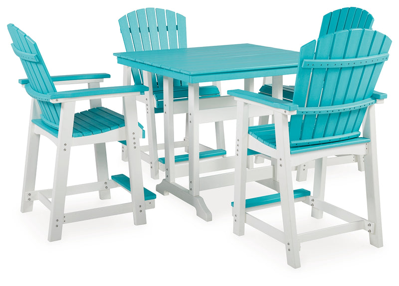 Eisely Turquoise White Outdoor Counter Height Dining Table And 4 Barstools