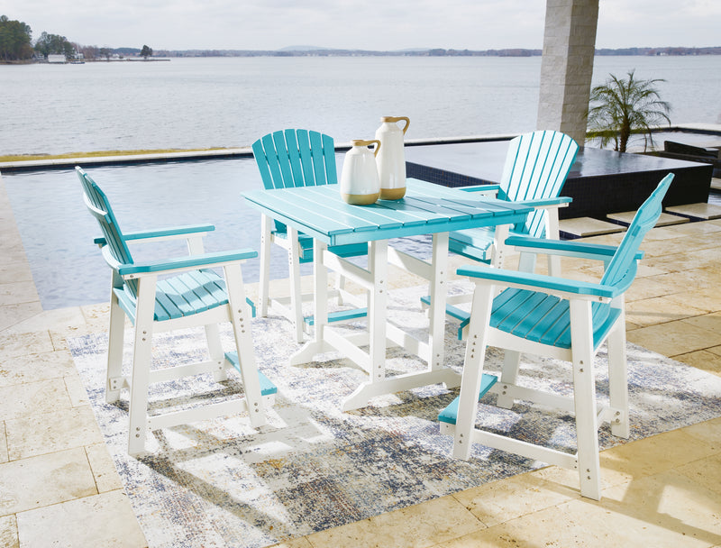 Eisely Turquoise White Outdoor Counter Height Dining Table And 4 Barstools