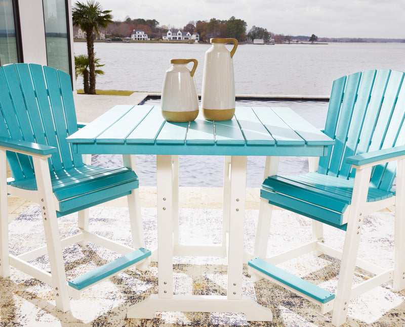 Eisely Turquoise White Outdoor Counter Height Dining Table And 2 Barstools