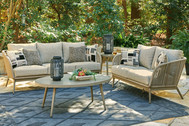 Swiss Beige Valley Outdoor Sofa And Loveseat With Coffee Table
