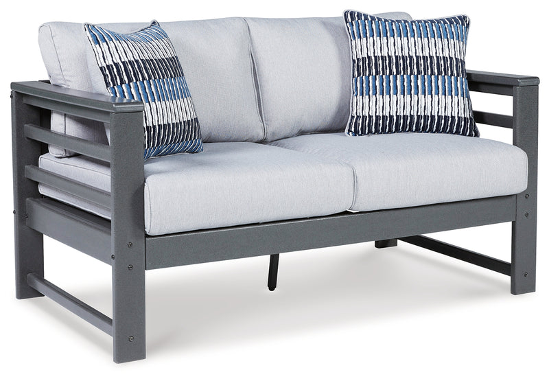 Amora Charcoal Gray Outdoor Sofa And Loveseat With Coffee Table And 2 End Tables
