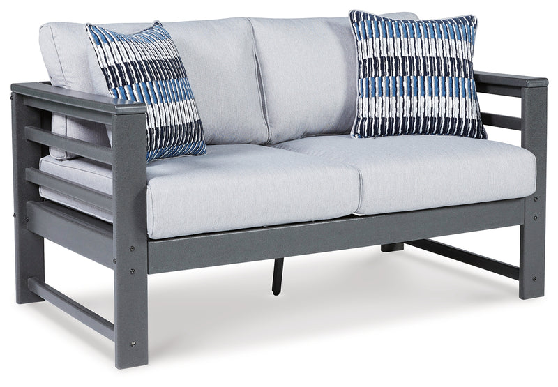 Amora Charcoal Gray Outdoor Loveseat And 2 Chairs With Coffee Table