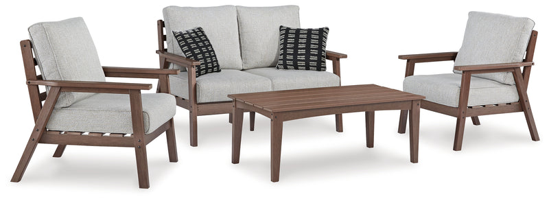 Emmeline Brown Beige Outdoor Loveseat And 2 Chairs With Coffee Table